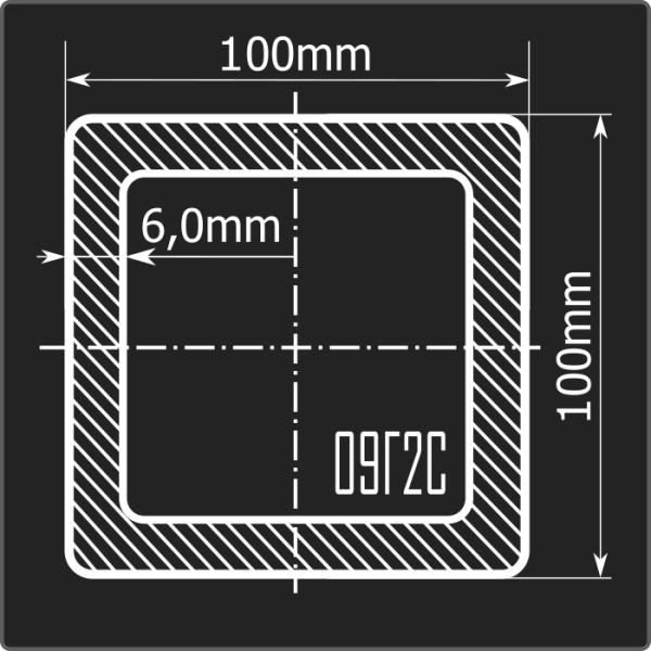 Труба проф. 100*100*6,0 09Г2С Феррум 12м ГОСТ 13663-86 Труба проф. 100*100*6,0 09Г2С Феррум 12м ГОСТ 13663-86